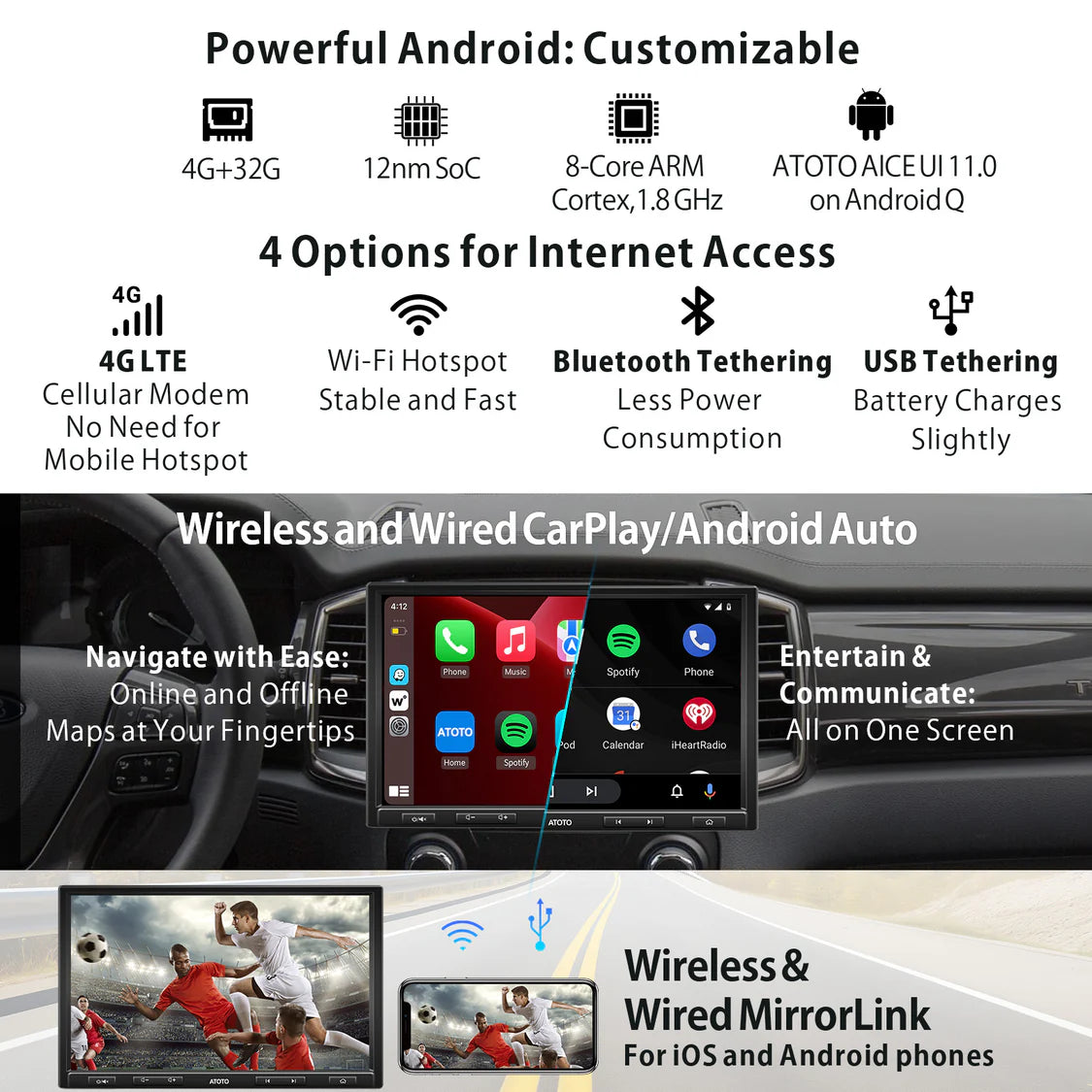 ATOTO S8AIO Single-DIN 10" Floating Display with Wireless CarPlay & Android Auto